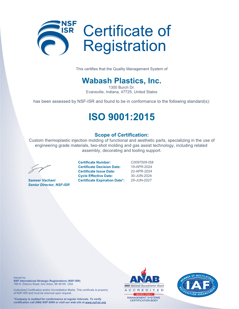 ISO Certification Wabash Plastics is a registered ISO9001:2015 custom injection molder